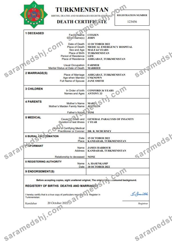 Turkmenistan death certificate Word and PDF template